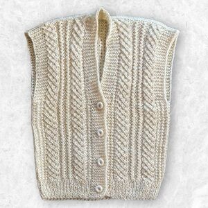 HANDKNIT Cream Wool Cable Knit Sweater Vest Sz Lg